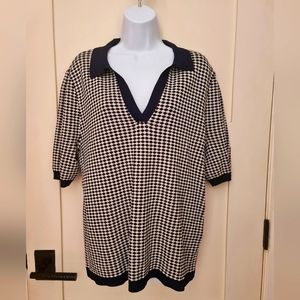 Alfani NWT 3/4 Sleeve Knit Diamond Print Navy Creme V Neck Banded Cuffs Waist XL